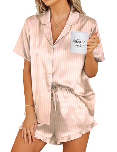 Image of Ekouaer Womens Satin Pajamas Set Button Down 2 Piece Silk Pjs Shorts Set Ruffle Lingerie Notch Collar Sleepwear