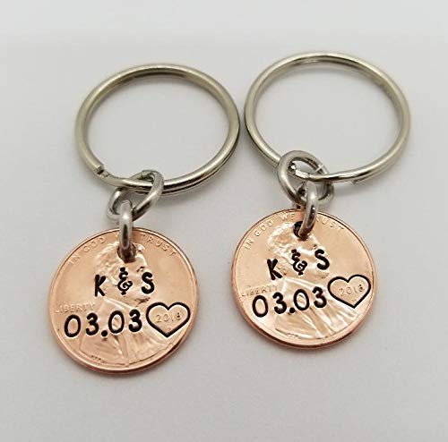 A Pair of Personalized Lucky Copper Penny Key Chains with Date, Initials and Heart Around Year