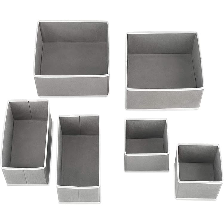 Image of Foldable Set of 6 Cloth Storage Box Closet Dresser Drawer Organizer Cube Basket Bins Containers Divider with Drawers for Underwear, Bras, Socks, Ties, Scarves (Set of 6 - Grey)