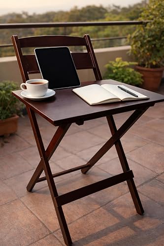 Image of fplus Teak Wood Adjustable Height Folding Table with Backboard Organizer| 25 inch-28 inch Multipurpose Side Table for Balcony, Garden & Study