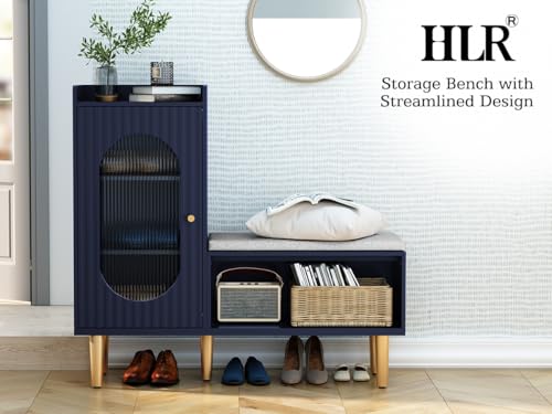 Image of HLR Storage Bench Set of 2, Blue Modern Entryway Shoe Cabinet Bench with Glass Door&Shelf, L-Shaped Storage Cabinet with Padded Seat for Hallway, Bedroom, Living Room, Office