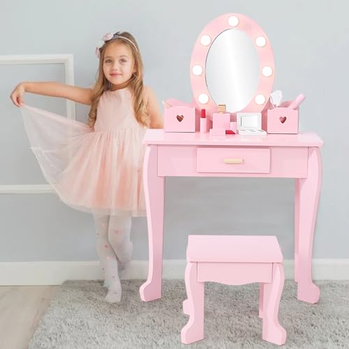 GarveeHome Kids Vanity with Lighted Mirror, Toddler Vanity Table and Chair Set, Girls Makeup Playset, Pink Light Pink