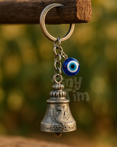 Image of Tiny Tim Guardian Bell with Evil Eye Charm - Protective Motorcycle & Car Accessory - Tibetan-Inspired Design - Wards Off Negative Energy - Ideal Gift for Bikers & Travelers
