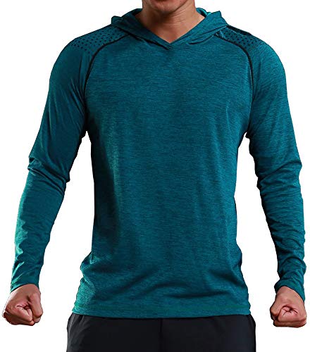 Rdruko Men's Gym Active Shirts Long Sleeve Hooded Running Sports Tee Tops(Green, US L)