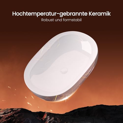 EMKE Waschbecken – Aufsatzwaschbecken Oval, 60 x 41 x 13 cm, Weiß, Kratzfest Waschbecken Bad, Leicht zu Installieren & Reinigen, Waschtisch für Bad & Gäste-WC