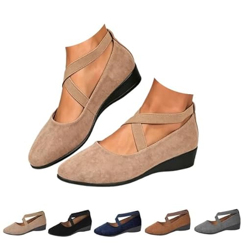 Women's Comfy Elastic Crisscross Strap Wedge Shoes Ballet Flats Toe Low Wedge Heel Slip on Non-Slip Casual Shoes (khaki,22.5 cm)