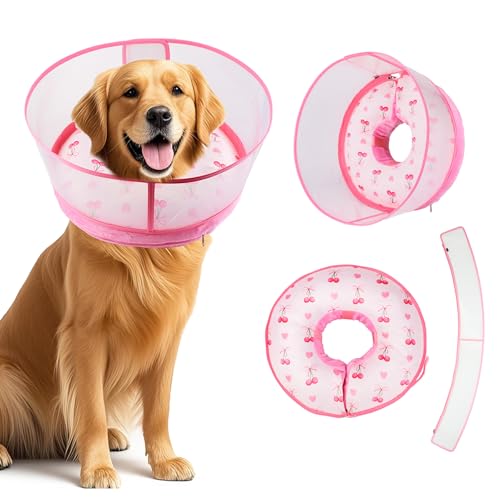 Image of Inflatable Recovery Dog Cone Collar for Large Medium Dogs After Surgery, Soft Dog Donut Collar Adjustable Recovery Bone for Pets, Prevent from Biting & Scratching (Pink, XL)