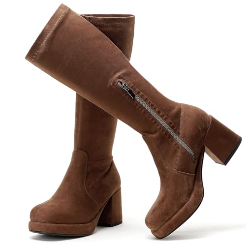 Image of LanreyTaley Elastic Women Knee High Boots Platform Chunky Heel Tall Boots Suede Dress Boots Side Zipper Stretch Boots Fall
