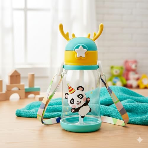 Image of YBN Cartoon Water Bottle with Straw & Strap - BPA Free, Leak-Proof, Non-Toxic, Perfect for Kids' School and Home 500ml