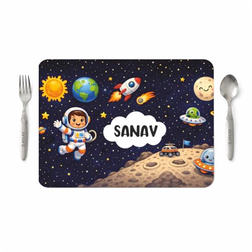 Image of Customized Table Mat with Name & Design Engraving | Personalized Dining Mat with Spoon & Fork | Customized Birthday Gift for Kids (Space)