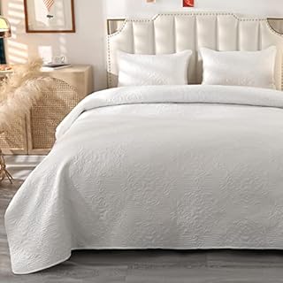ENCOFT Quilted Bedspreads White for Bedroom Decor Reversible Quilted Bed Throw Bedspreads 220 x 240 CM Warm Blanket King Size with 2 Pillows Cases