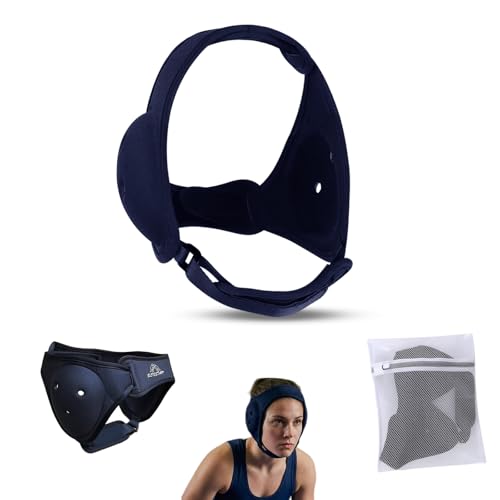 BLISSTAO Wrestling Headgear and BJJ Ear Guard Soft and Low Profile Reinforced Stitching Padded Chin Strap Includes Protective Storage & Washing Bag (Navy Blue)