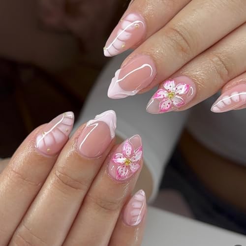 Short Almond Press on Nails Pink Flower Fake Nails Spring Summer ...