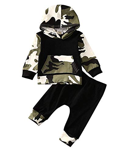 Newborn Toddler Baby Boys Camouflage Clothes Long Sleeve Hoodie Camo Pocket Sweatsuit Top Pants Fall Winter 2Pcs Outfit Set (Camo Hoodie Black Pants, 6-12 Months)