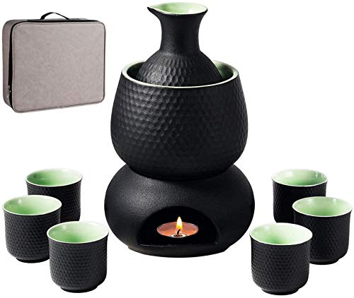LCJD Set per Il Sake e Tazze con scaldavivande Scatola Regalo per conservare Il Sake, Bevanda Tradizionale Giapponese in Ceramica Giapponese in Porcellana Saki, 9 Pezzi Include 1 fornello 1 Scald