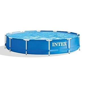 Intex Metal Frame 12 ft x 30 in Round Above Ground Outdoor Backyard Swimming Family Pool for Kids and Adults Ages 6 and Up Blue