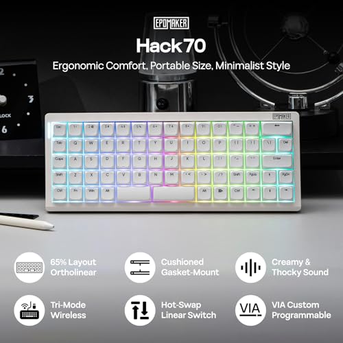 Image of EPOMAKER Hack70 Planck Mechanical Keyboard with VIA Custom, 2.4Ghz /BT /Wired, Gasket, Hot-Swap, RGB, Dye-Sub PBT Keycap, 65% Ortholinear Layout Wireless Gaming Keyboard for Mac /Win