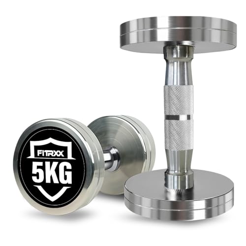 Image of Fitrxx Pair of chrome plated steel Fixed Weight Dumbbells - Gym equipment for home workout | Fitness Gym Dumbbell set for Muscles | stainless steel dumbles set | Dumbell Weights for Workout (Silver, 5 Kg Pair)