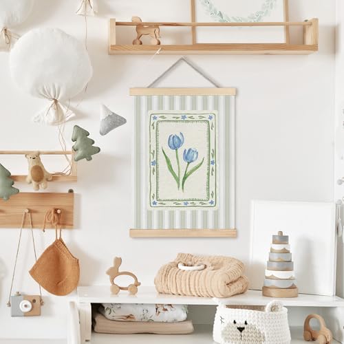 Image of PQKIY Grandmillennial Blue and Green Tulip Wall Art Poster Hanger Frame 12x16 in, French Country Cottagecore Floral Botanical Striped Wall Decor Canvas Prints for Home Bedroom Living Room