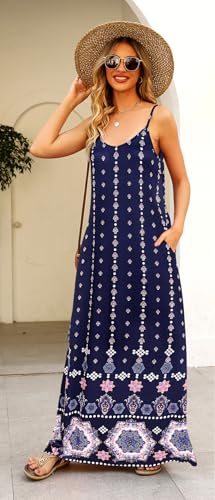 Image of Supnier Women's Summer Maxi Dress Casual V-Neck Sleeveless Bohemian Spaghetti Strap Floral Long Maxi Dress with Pockets