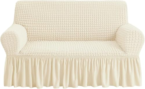 Image of Bails Sofa Cover 2 Seater Fully Covered | Sofa Cover 3 Seater Fully Covered | Sofa Cover 2 Seater | Universal Elastic Bubble Fabric with Frill Sofa Protector Cover (Beige, 2 Seater)