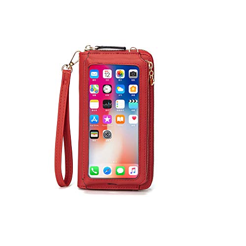 Image of myfriday Touch Screen RFID Phone Crossbody Purse with 2 Straps for Women | Clear phone window, RFID card space, 11 slots and zip pockets support quick calls, errands, theme parks and travel