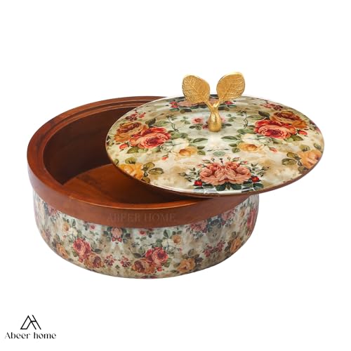 Image of Handcrafted Premium Wooden Roti Casserole, Roti box, Chapati Box, Hotpot roti box, Roti Dabba, Wooden Roti box with Gold Embossed Butterfly Knob(9x9x4 Inch)