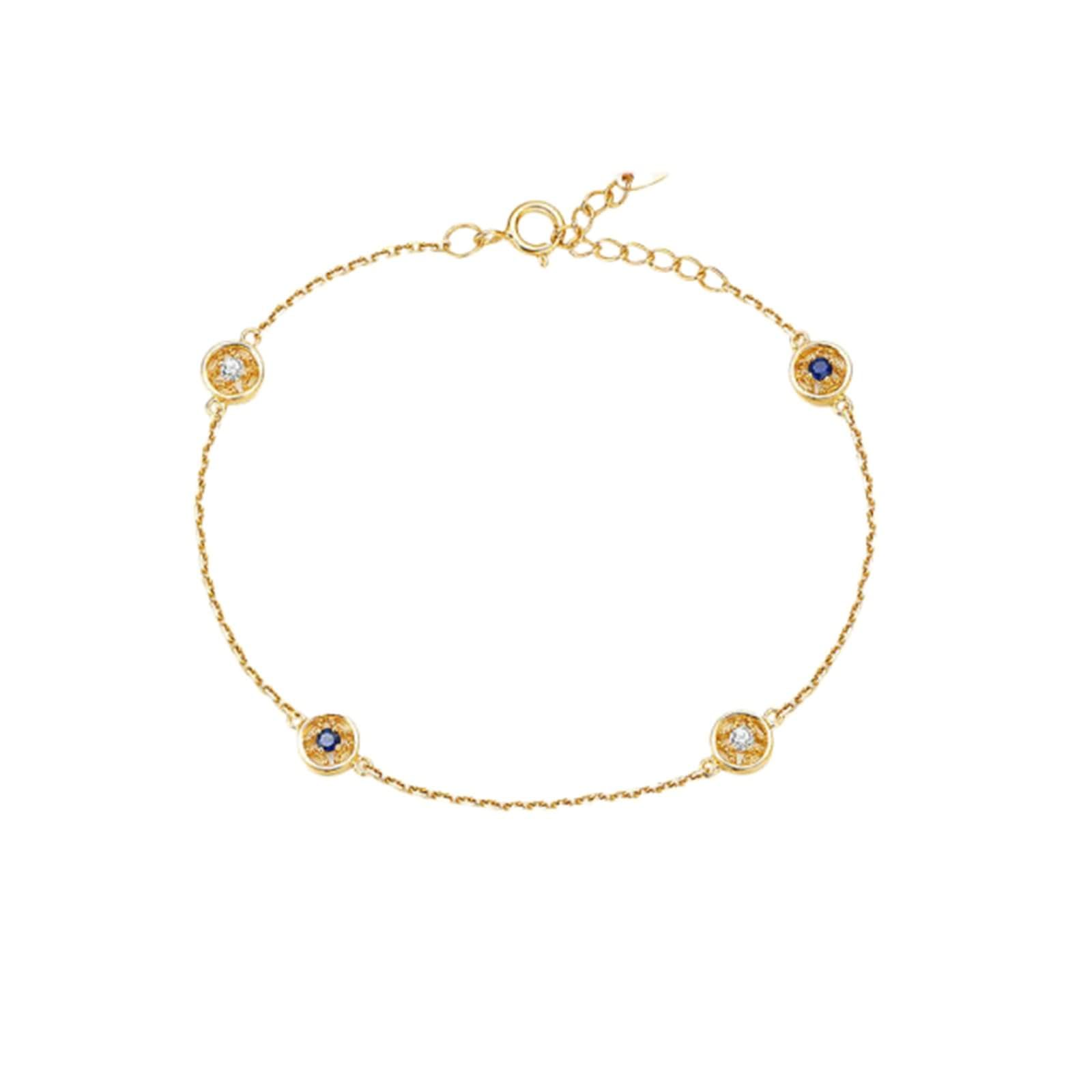 Pulsera Mujer de Oro Amarillo 9Kilates / 14Kilates / 18Kilates, Redondo con Zafiro y Diamante, Cadena Extensible 16 CM + 5 CM, Pulsera Mujer Cadena Oro Azul