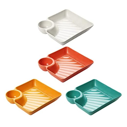 Healeved Japanese Sushi Plate 4Pcs Plastic Serving Dish Plate with Dipping Saucer Divided Sauce Trays for Sashimi Dumpling Snack Meatball Appetizer BBQ Fries Chips