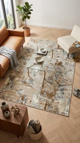 Image of 6x9 Feet (180x270 CM) Carpet for Living Room Hall & Bedroom - Ivory Multi Wave Modern Abstract Geometric Silk-Touch Luxury Hotel-Style Washable Anti-Skid Turkish Area Rug