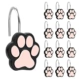 Sunlit Dekorative Duschvorhanghaken mit niedlichem Pfotenabdruck für Hund, Katze, Bär, Harz, schöne Duschvorhangringe für Kinder, Badezimmer-Dekoration, Vorhangaufhänger, 12 Stück, Schwarz und Rosa