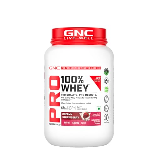 Image of GNC Pro Performance 100% Whey Protein | New Formulation | 24g Protein, 5.7g BCAAs, 12.3g EAAs | Added DigeZyme | Whey Isolate & Concentrate Blend, Low Carb (4.51g), No Added Sugar | Creamy Strawberry, 907g