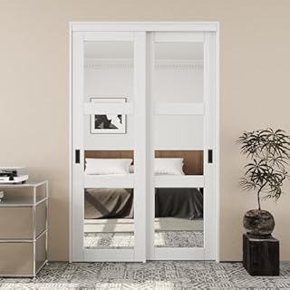 Bypass Mirrored Closet Door 48" x 80", 3-Lite Mirror Sliding Doors for Bedroom with Hardware Kit & Floor Guide, Paintable Interior Door Pre-Drilled for Easy Assembly