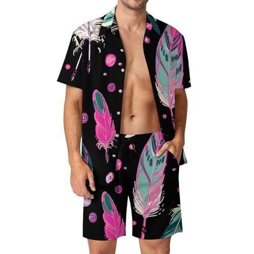 Chemise Hawaïenne Légère Ensemble Short et Pantalon de Plage à Motif Plumes S