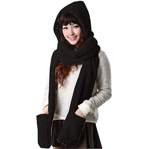 Alltops Women's 3 in 1 With Mittens Neckwarmer Pocket Hat Scarf Hooded SweatShirt, Black, One Size Cover