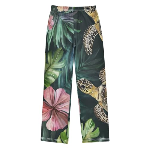 Turtle Tropical Leaves Boys Long Pants Soft Trousers Elastic Waist Kids Lounge Bottoms with Pockets S-XL