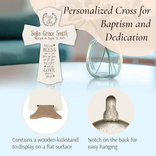 Image of LifeSong Milestones Personalized Ivory Baptism Cross for Girls - Wooden Wall Cross Decoration - Christening, Baby Dedication & First Communion Gifts Ivory 8.5x11