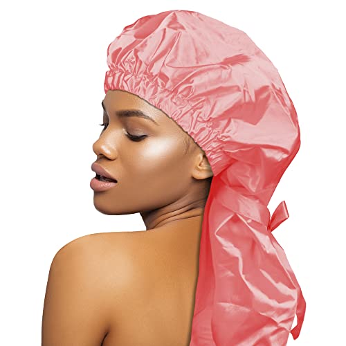 DONNA Shower & Conditioning Silky Satin Cap Waterproof Bath Caps Plastic Reusable Shower Caps Elastic Band Bath Hair Hat Stocking Stuffers for Women Braid,1PC CORAL PINK COLOR
