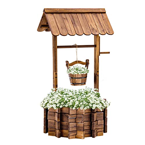 Amopatio Wooden Wishing Well Planters For Outside, Outdoor Garden Decor, Rustic Flower Planter With Adjustable Hanging Bucket For Patio, Front Yard, Indoor #TOP16