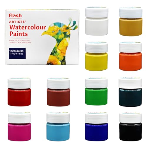 Flash Water Colours For Painting-Painting Kit for Kids Artists Professionals Hobby Painters-Matt Finish Rich Pigments Non Toxic Watercolor Set-15 ml each (Set of 12)