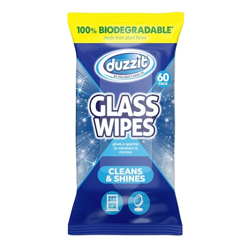 Duzzit Glass Wipes - Cleans & Shines | 100% Biodegradable - Made From Plant Fibres | Suitable for Windows, Glass Objects and Mirrors (60 Biodegradable Wipes)