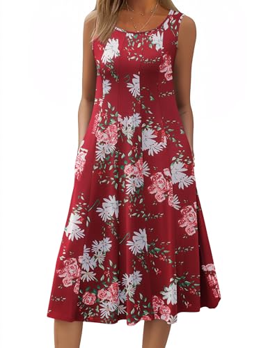 Image of HOTOUCH Summer Casual Dresses for Women Sleeveless Midi Dress Swing Tank Sundress Pleated Tshirt Dress with Pockets