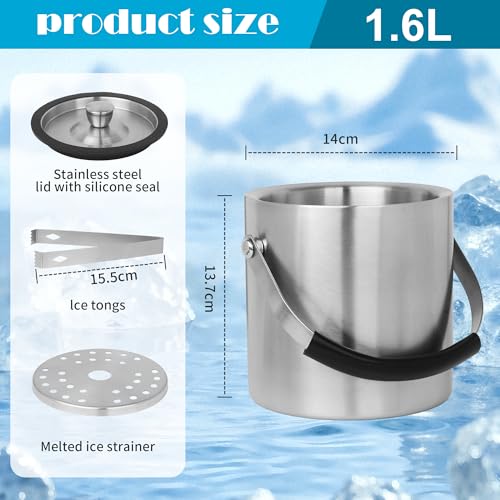 1.6L Eiswürfelbehälter, Eiskübel mit Deckel,Eiswürfelbehälter Edelstahl mit Clips und Sieb, Tragbar Eiskühler, Perfekt zum Kühlen von Bier, Champagner und Wein (1.6L)