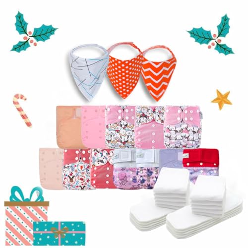 KaWaii Baby Little Pink Flower Gift Pack- 12 One Size Cloth Diapers + 24 One Size Stay Dry Diaper Inserts Newborn Thru Potty Training