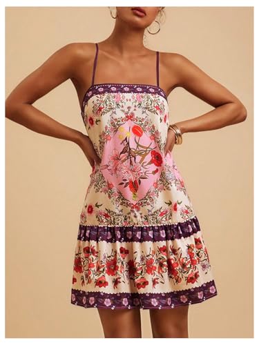 Image of RoseSeek Women's Floral Boho Flowy Mini Cami Dress Ruffle Hem Spaghetti Strap Vacation Tank Dresses