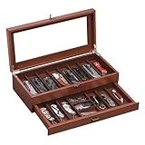 AUTOARK 2-Tier PU Leather & Velvet Knife Organizer with 17 Slots,Transparent Glass Top & Drawer,Compact Storage for Pocket Knives,Perfect for Men's Collections & Gifts,Coffee,MKAW012