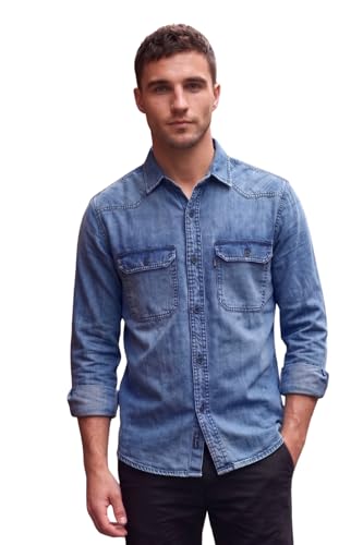Image of Louis Philippe Men's Slim Fit Classic Denim Wash Stylized Fashion Full Sleeve Casual Shirt