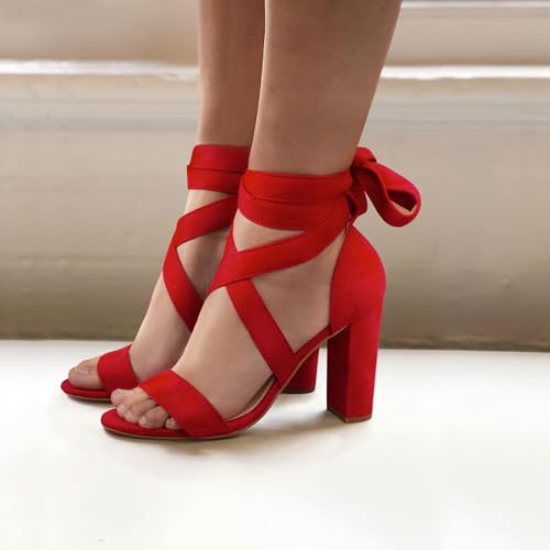 Image of Strappy Heels for Women Chunky Heels High Heeled Sandals with Lace Up Fahsion Casual Nude Block Heel Sandals