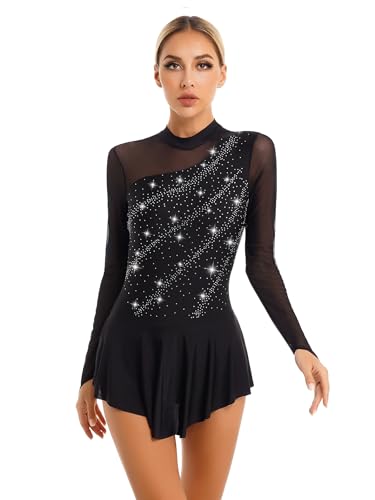 Eandarui Eiskunstlauf Kleid Damen Glitzer Strass Ballettkleid Langarm Cut Out Ballettanzug Mesh Patchwork Turnanzug Mit Wickelrock Tanzkostüm Schwarz S