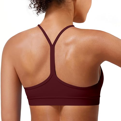 Image of Padded Y-Back Sports Bra for Women - Racerback Low Impact Spaghetti Strap for Yoga Workout Top Burgundy